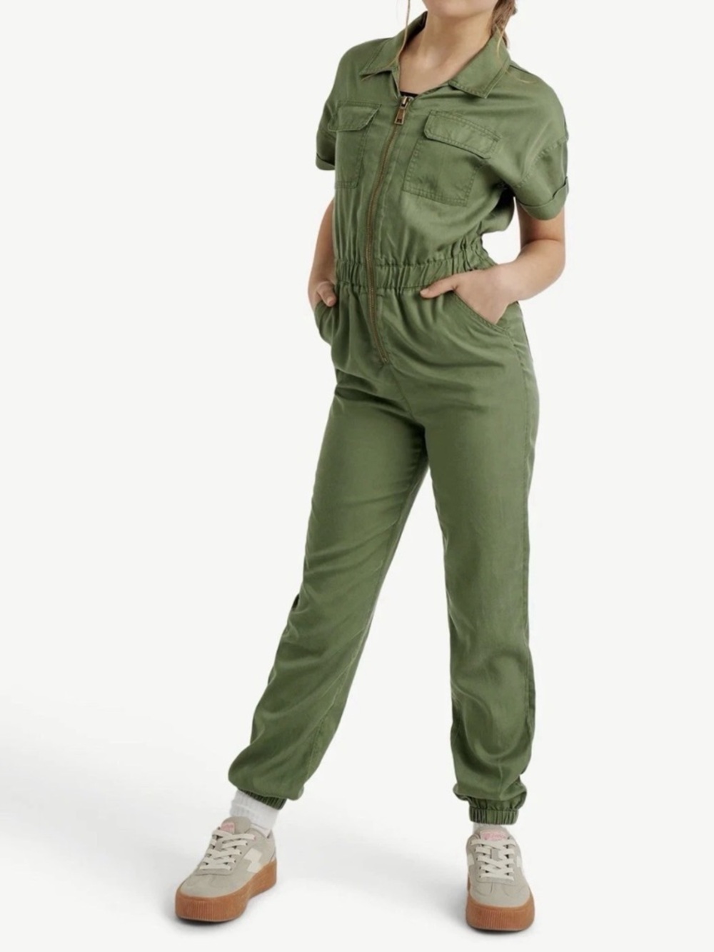 Justice Girls Utility Jumpsuit Army Green Size M (10) Zip Front Short Sleeve